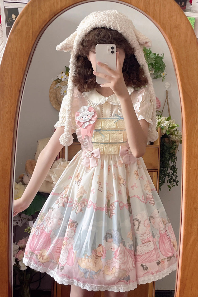 Blue/Pink Sheep Waltz Print Ruffle Bowknot Lace Sweet Lolita Jsk Dress