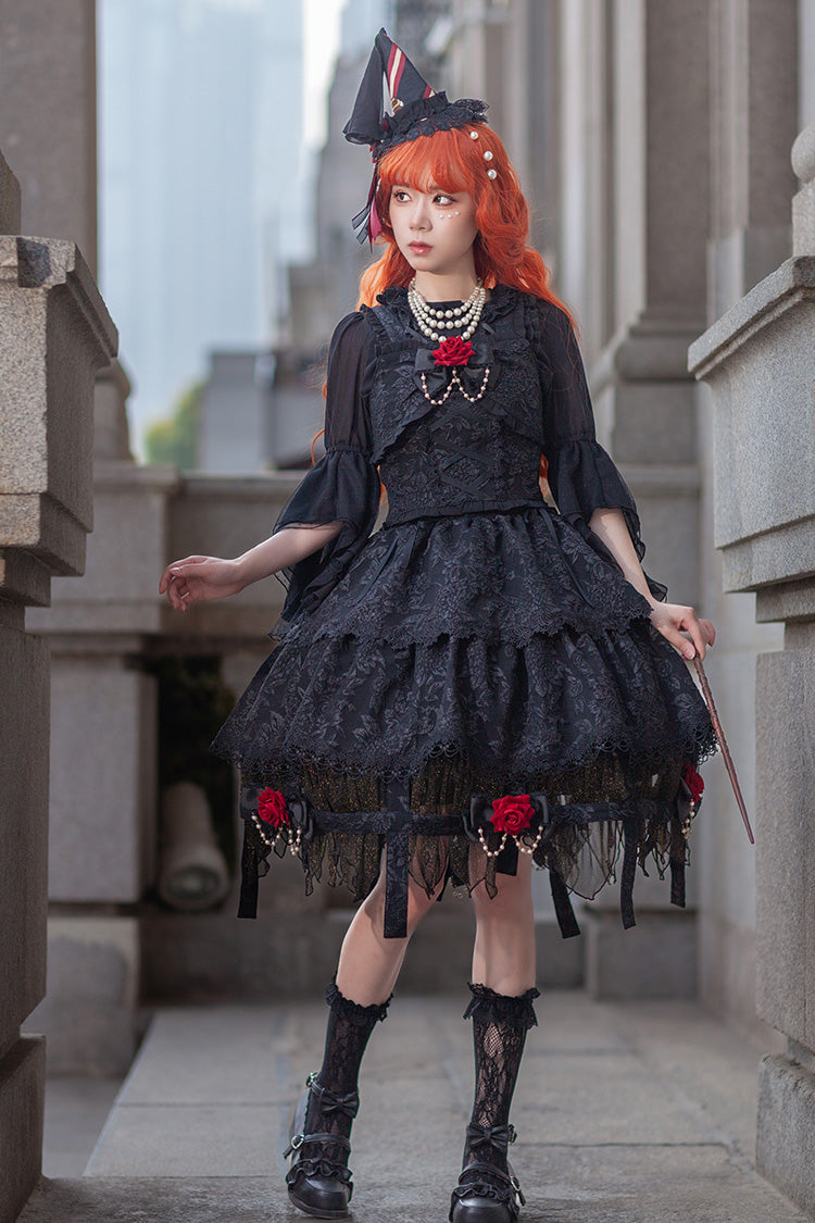 Black [Apprentice Witch] Double-Layered Ruffle Lace Gothic Lolita Skirt