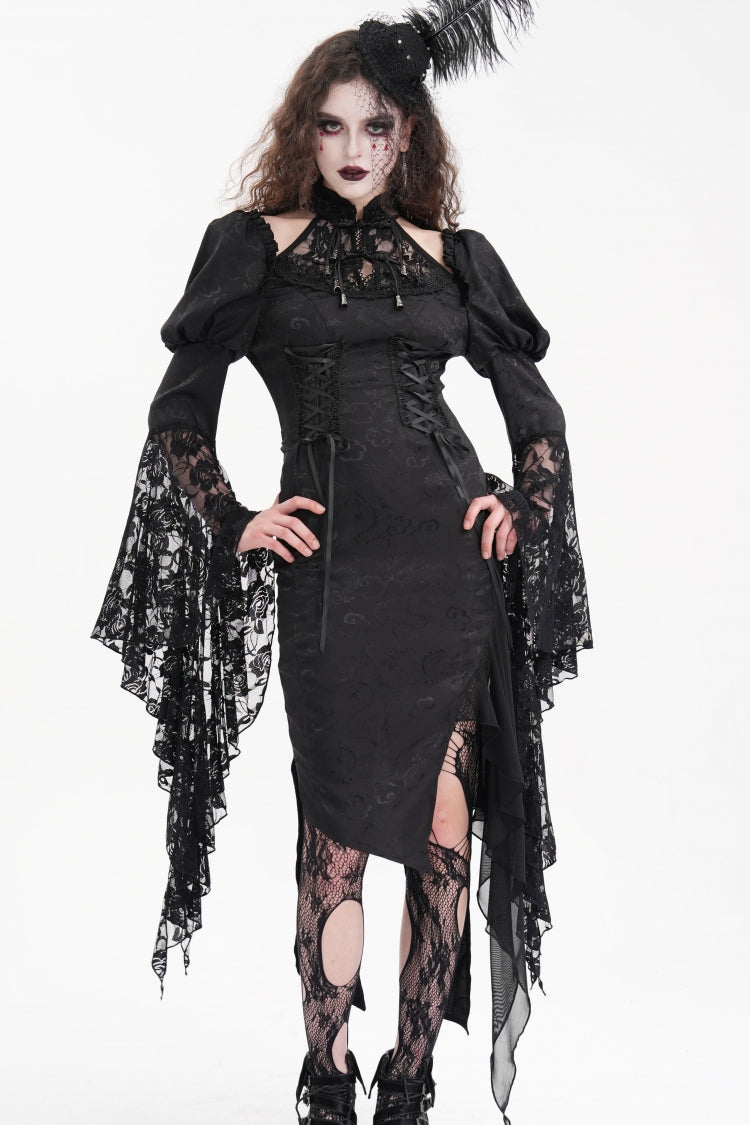 Black Hime Sleeves Hollow Lace Irregular Women's Gothic Dress