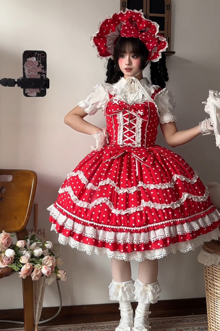 Red Polka Dots Print Ruffle Bowknot Lace-Up Sweet Lolita Dress