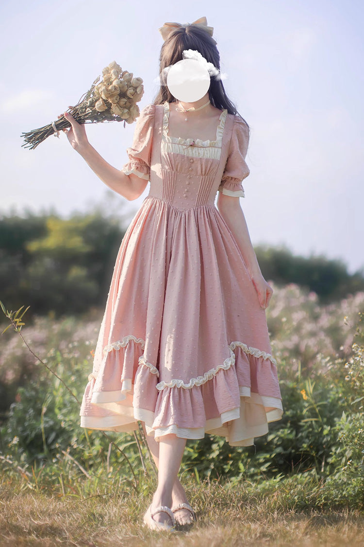 Pink Square Collar Short Puff Sleeves Ruffle Embroidery Sweet Elegant Lolita Dress