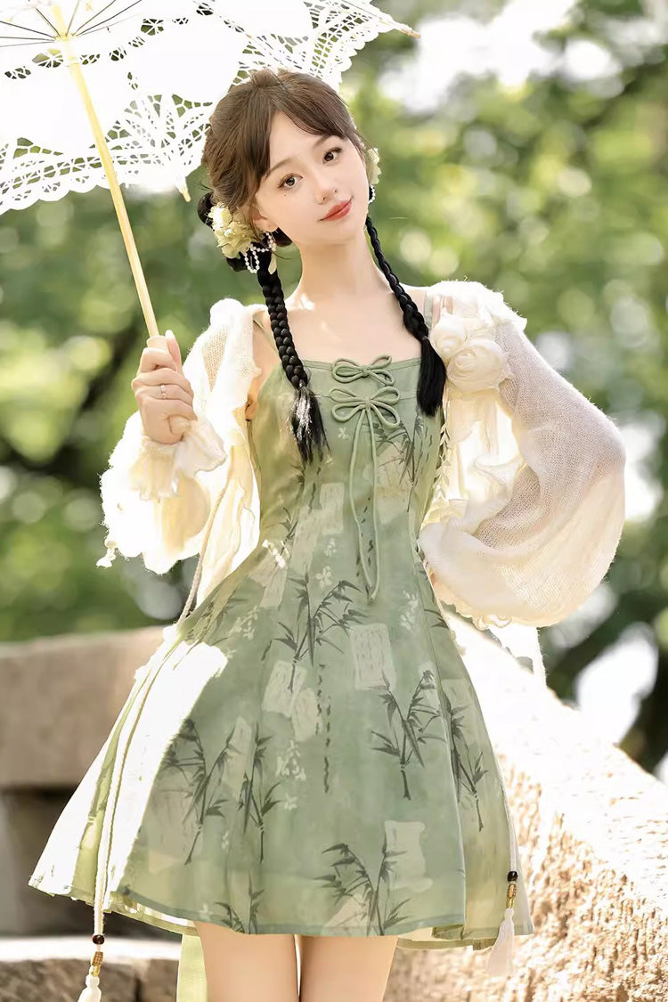 Green Bamboo Print Lace-Up Sweet Chinese Style Lolita Jsk Dress