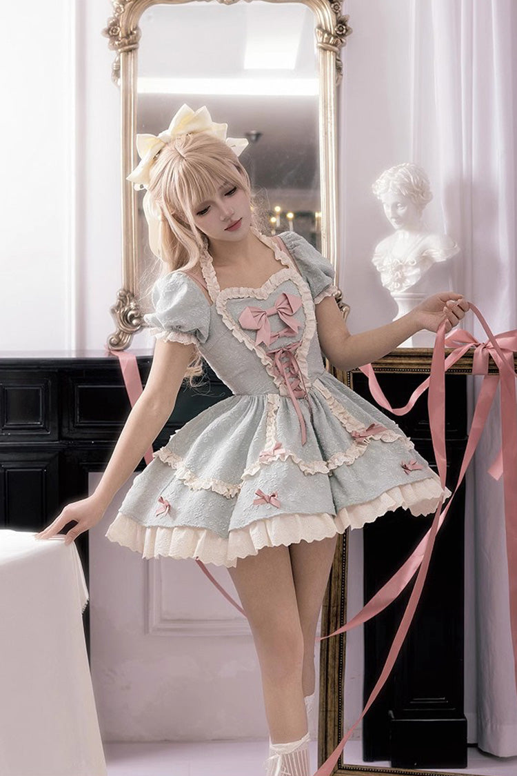 Heart-Beating Love Song Short Sleeves Ruffle Bowknot Lace-Up Sweet Lolita Dress 2 Colors