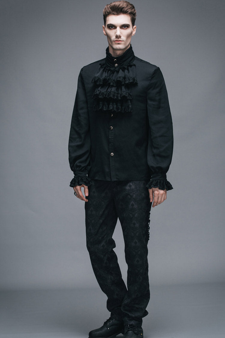 Black Ruffled Lace Button-Up Micro-bullet Chiffon Long Sleeve Men's Gothic Shirt