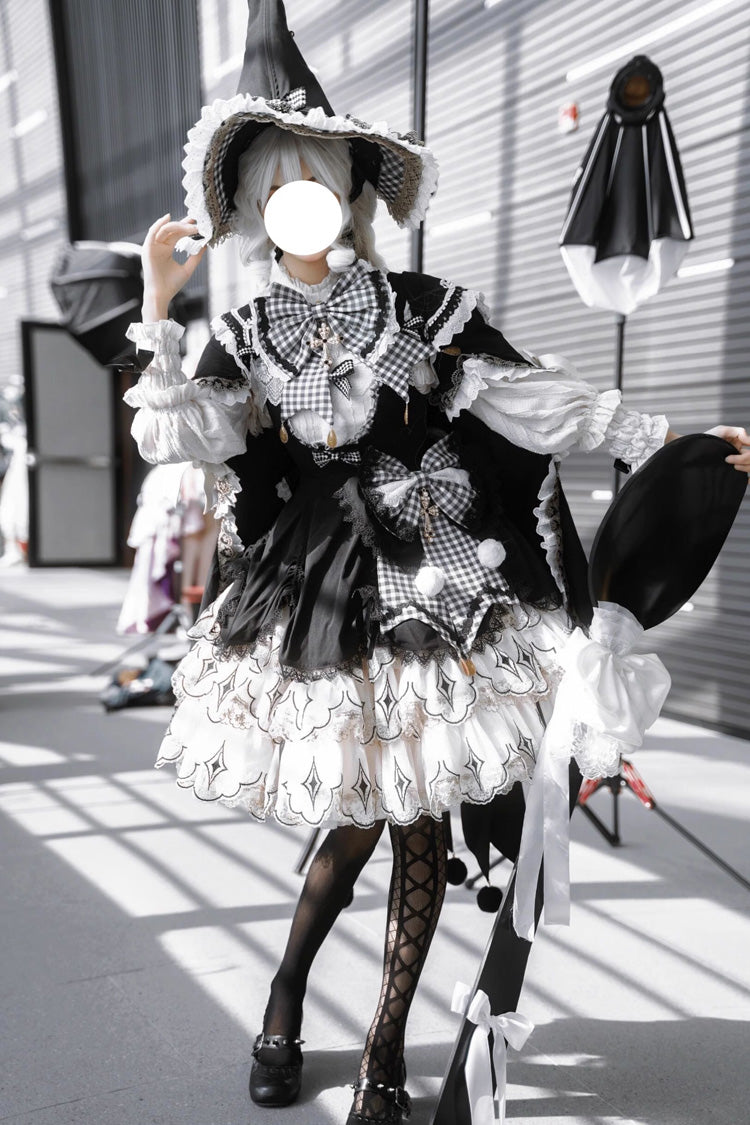 Black/White [Little Witch] Ruffle Embroidery Bowknot Gothic Lolita Jsk Dress Full Set