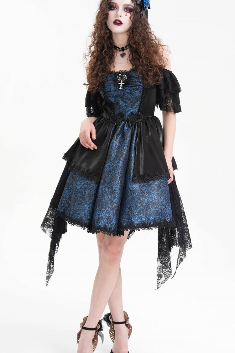 Blue Halterneck Lace Lace-Up Irregular Hem Women's Gothic Dress