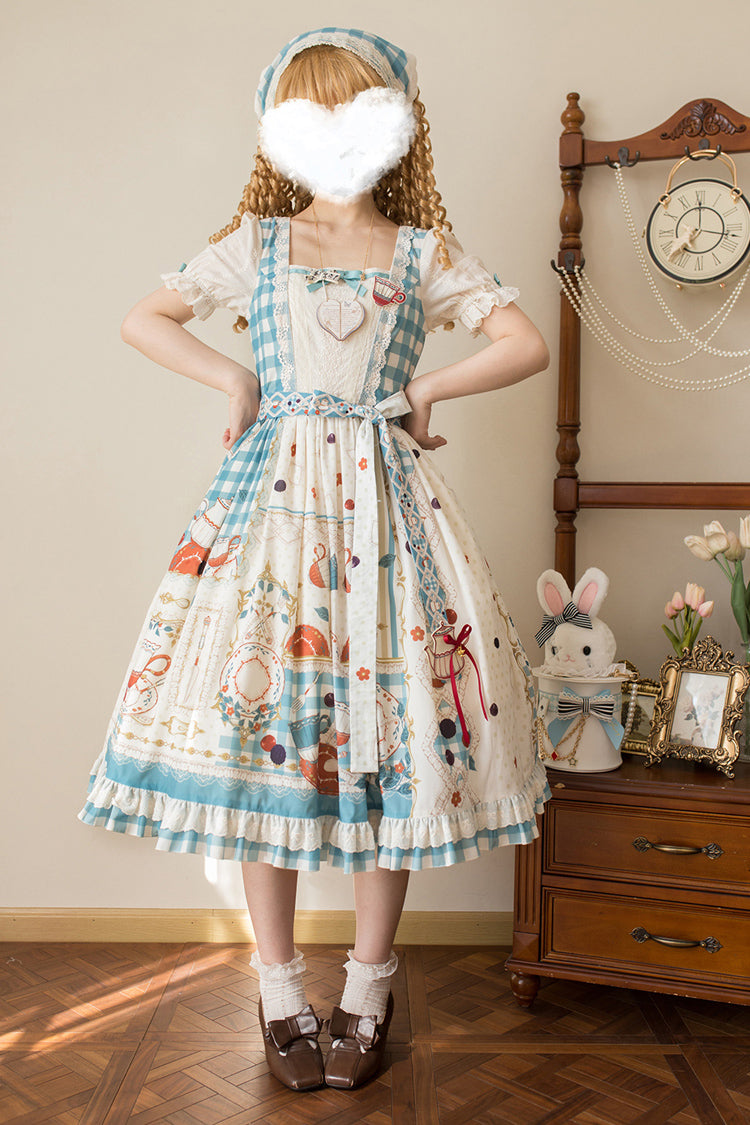 Blue/Green [Tea Party] Short Sleeves Print Ruffle Bowknot Lace Sweet Elegant Lolita Dress