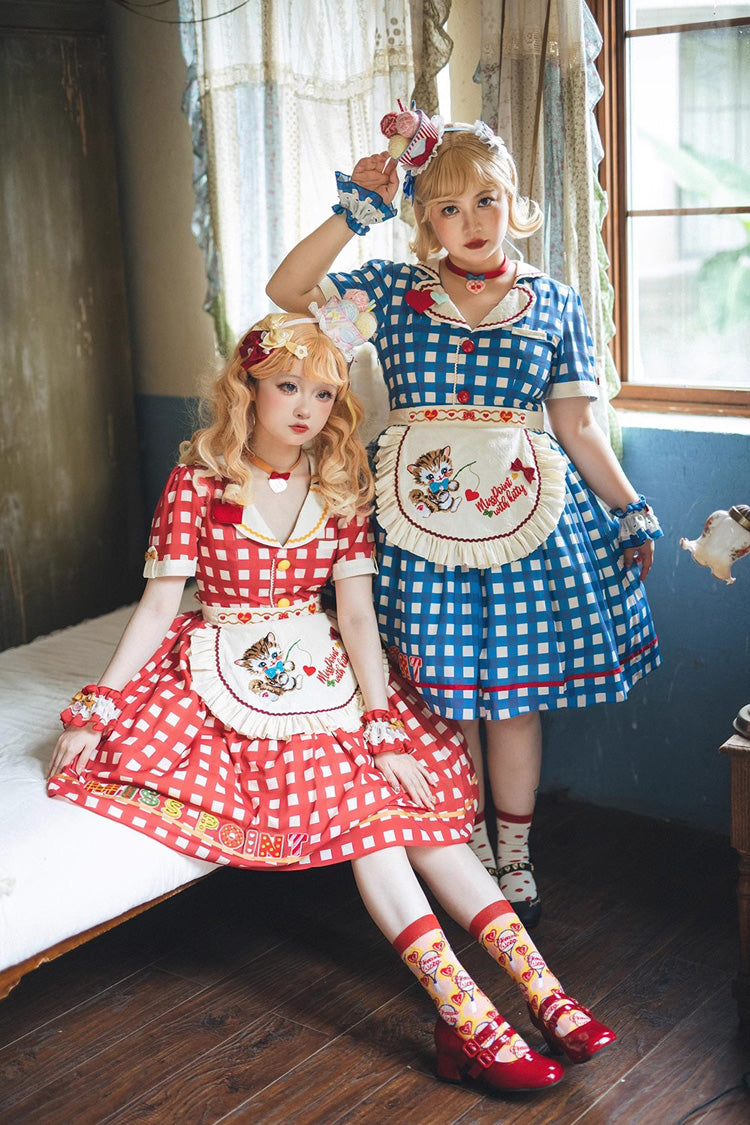 Sweetheart Cat Short Sleeves Print Embroidery Sweet Lolita Dress 3 Colors