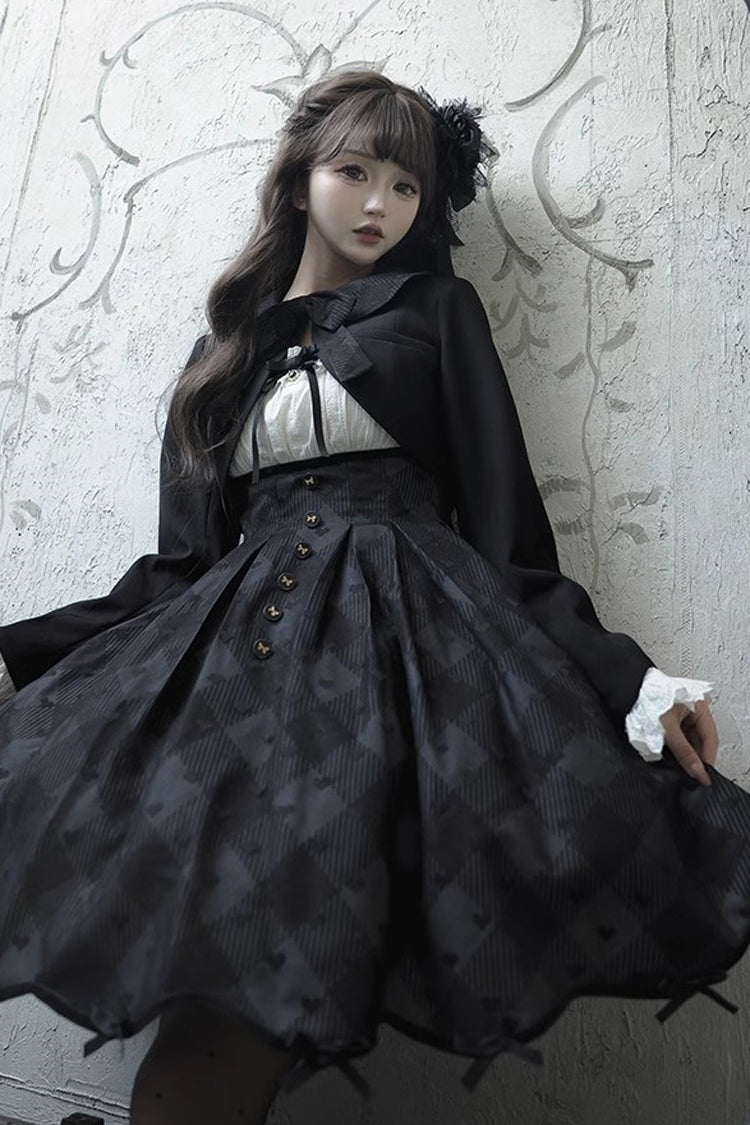 Black [Swan] Short Sleeves Plaid Print Sweet Elegant Princess Lolita Dress Short Version