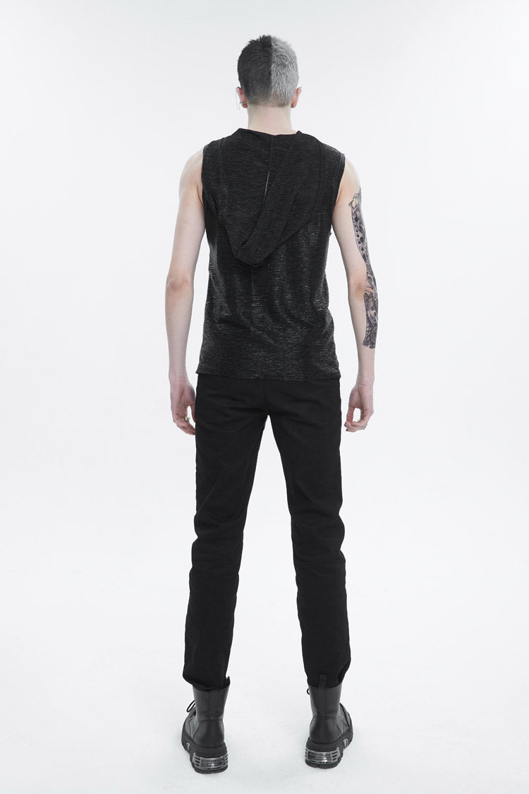 Black Strappy Mesh Splice Men's Punk Vest With Hood