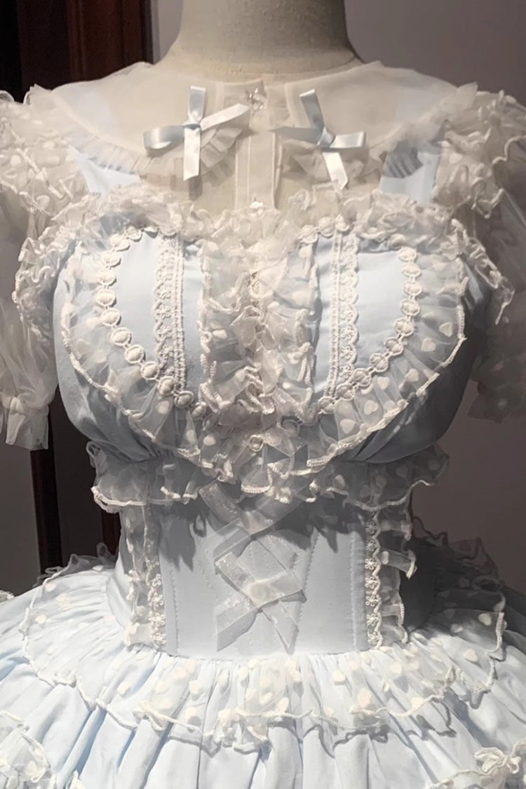 Blaues mehrlagiges Rüschen-Spitzen-Lolita-JSK-Kleid mit süßer Prinzessinnen-Optik