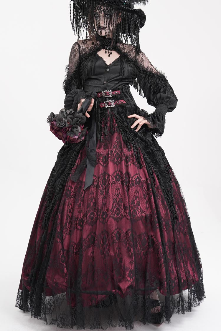 Wine Red Print Embroidery Tassels Buckle-up Lace-Up Women's Gothic Long Skirt