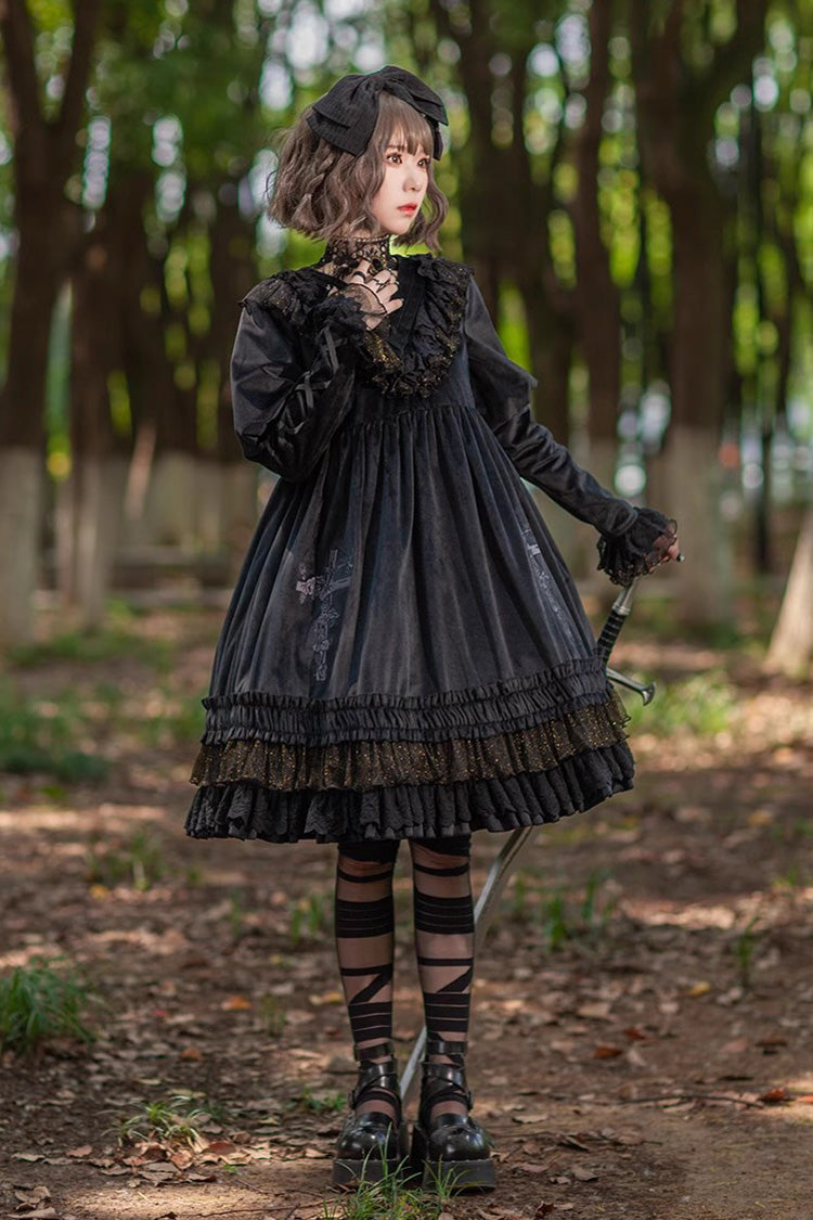 Holy Fruit Manor Gothic Lolita Kleid mit Stickerei und langen Puffärmeln und Rüschen, 2 Farben