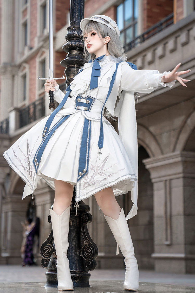 White/Blue [Star Knight] Print Punk Military Princess Handsome Ouji Lolita Skirt