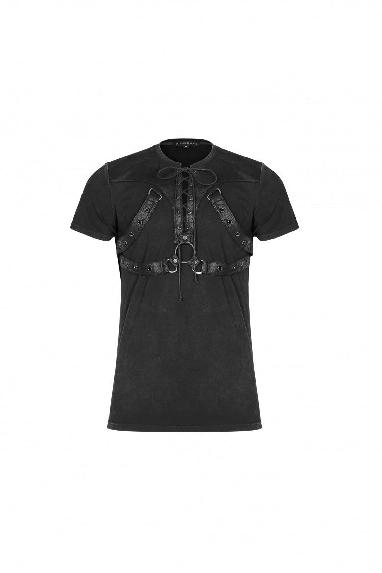 Black Lace-Up Zipper Men's Punk Blouse with Straps