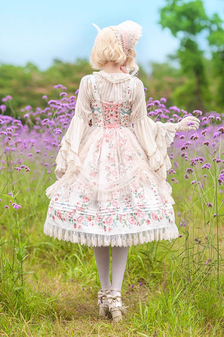 Apricot Rose Morning Dew Print Sweet Elegant Lolita Jsk Dress