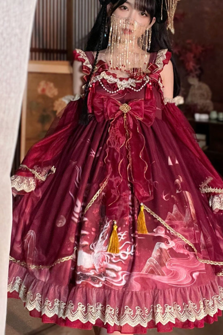 [Neunschwänziger Fuchs] Bedrucktes Rüschen-Schleifenkleid im klassischen chinesischen Stil mit Lolita-Jsk-Prinzessin, 2 Farben