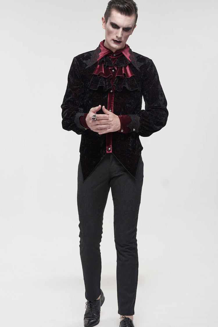 Black/Red Gothic Lace Stand Collar Ruffle Lantern Sleeves Velvet Crack Men's Shirt