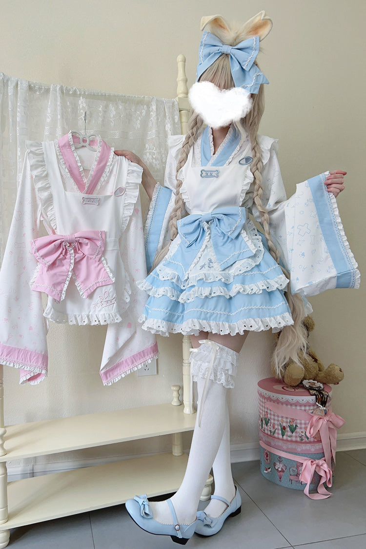 Blue/White Double-Layered Ruffle Bowknot Maid Sweet Lolita Skirt Set