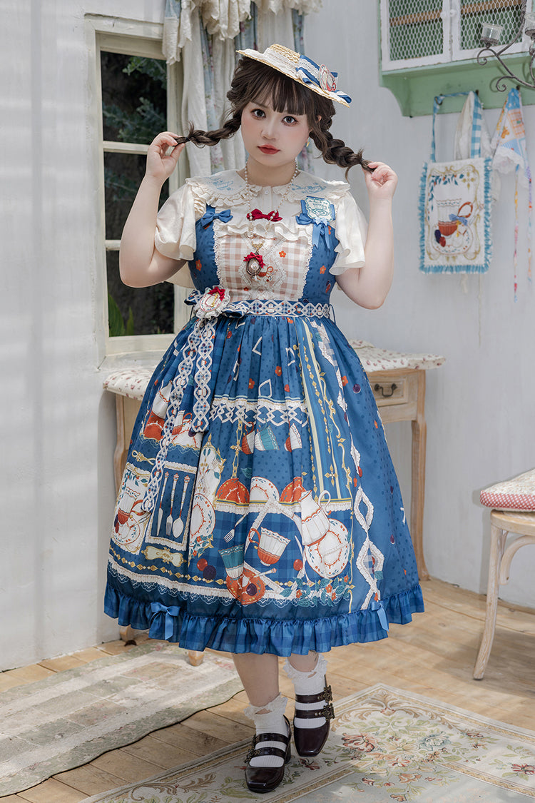 Dark Blue [Tea Party] Print Ruffle Bowknot Lace Sweet Elegant Lolita Jsk Dress