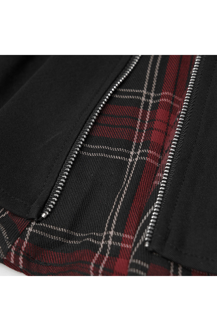 Black/Red Splice Plaid Metal Zipper Decoration Pleated Women's Punk Skirt