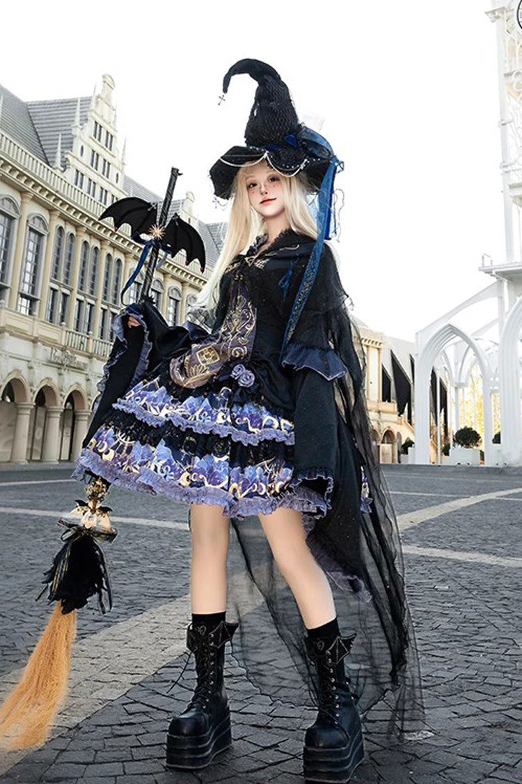 Black [Astrology Cat] Long Sleeves Double-Layered Print Ruffle Lace Gothic Lolita Dress