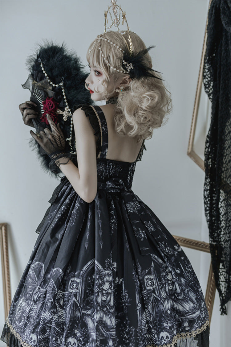 Schwarzes Rüschen-Cardigankleid mit Drachenreiter-Print, Schleife und Spitze, Gothic-Lolita-JSK-Kleid