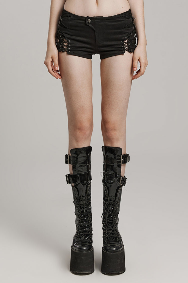 Black Lace-Up Mesh Buckle Women's Punk Shorts