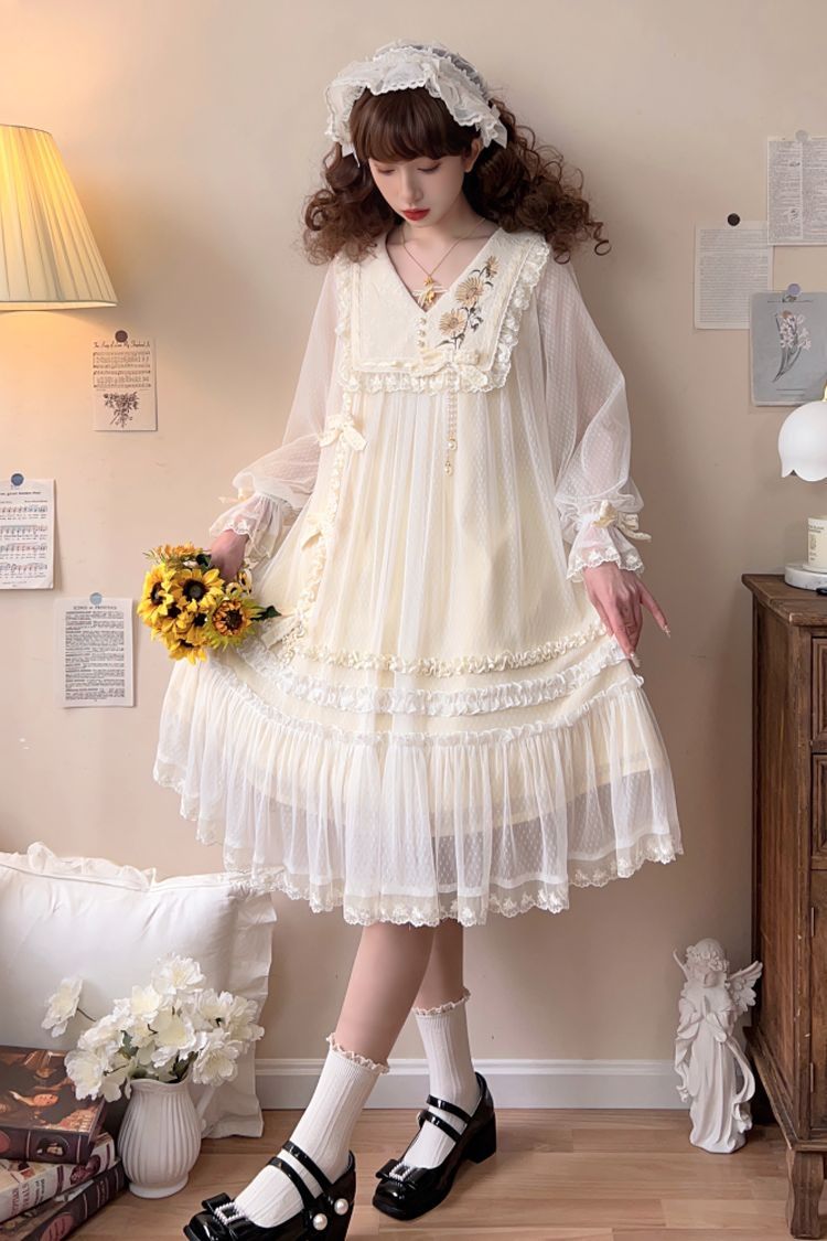 Elfenbein [Sunflower Diary] Langärmliges Rüschenstickerei Schleife Spitzen Chiffon Süßes Prinzessin Lolita Kleid