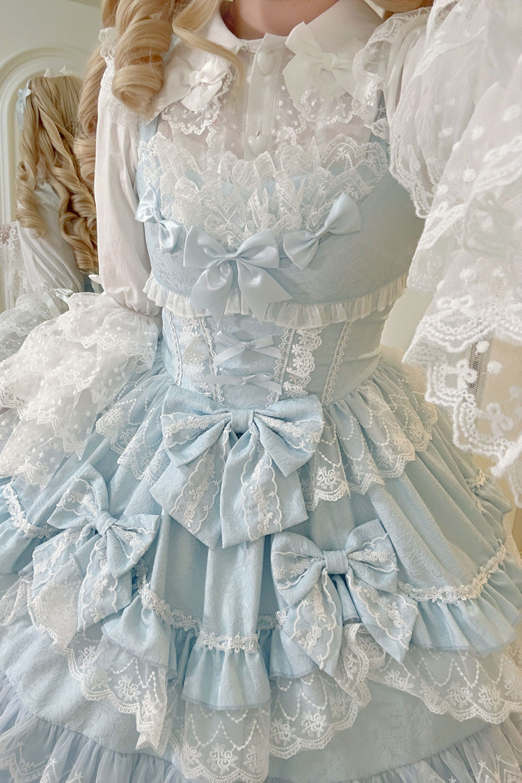 Blue Multi-Layered Ruffle Bowknot Stitching Lace Sweet Lolita Jsk Dress