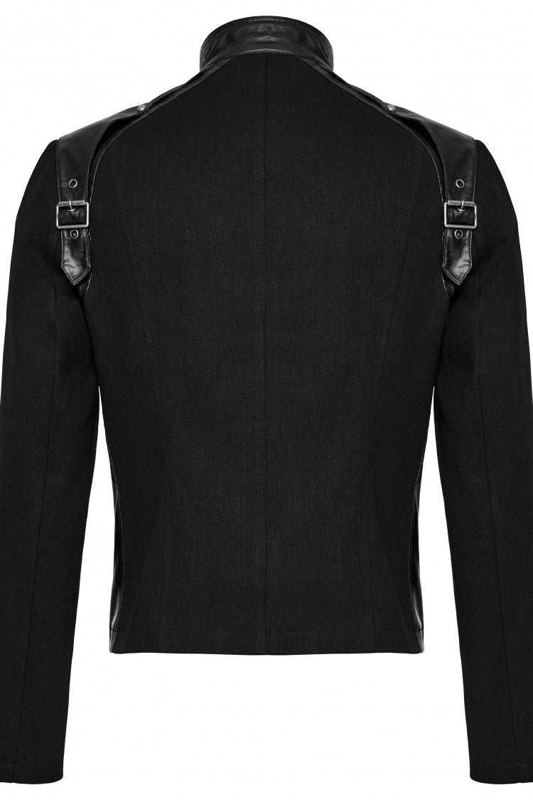 Black Round Collar Multi-Buckles Straps Faux Leather Men's Punk Jacket