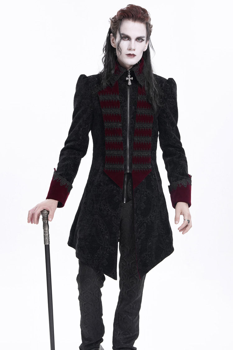 Black/Red Lapel Collar Long Sleeves Crochet  Men's Gothic Jacket