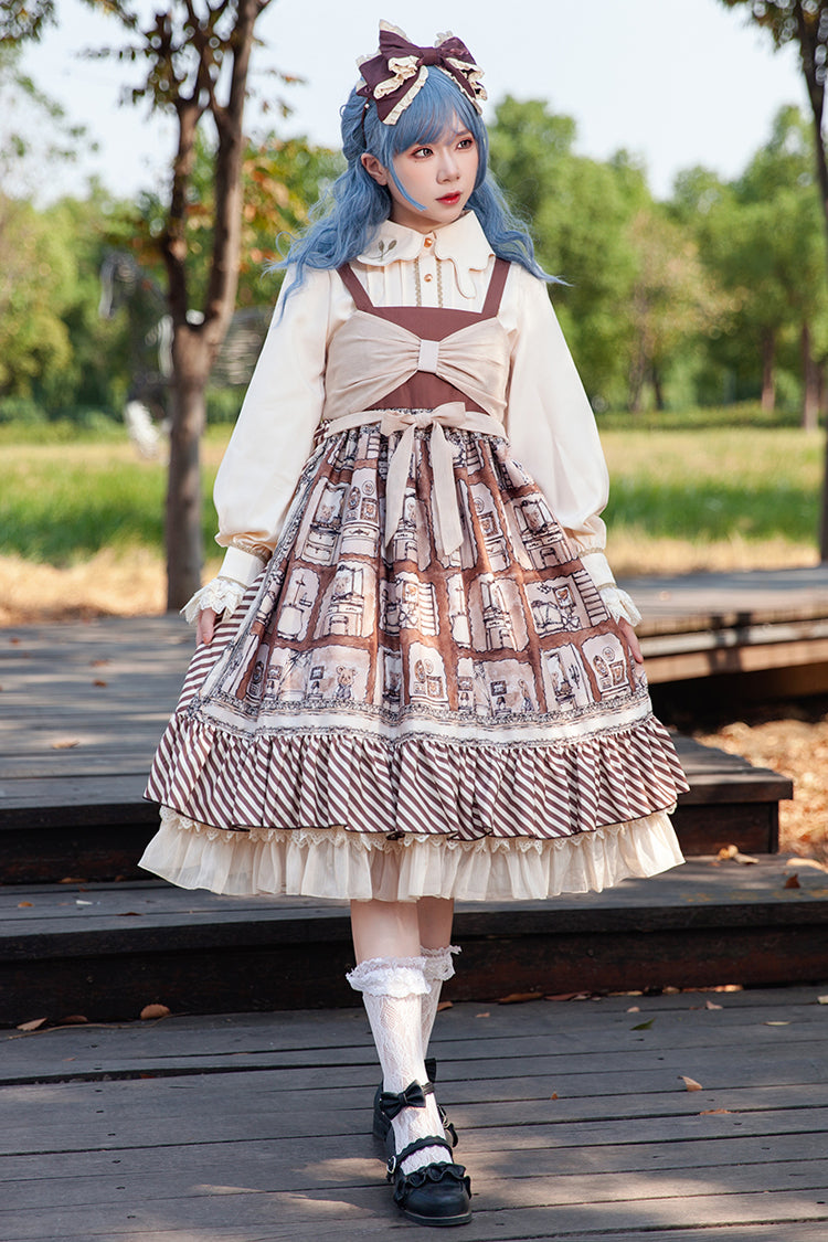 Brown [Underground Bear] Print Ruffle Bowknot Sweet Lolita Dress