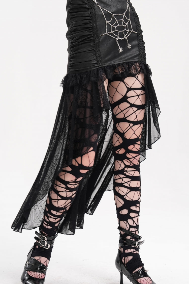 Black Chain Lace Irregular Hem Mesh Women's Gothic Skirt