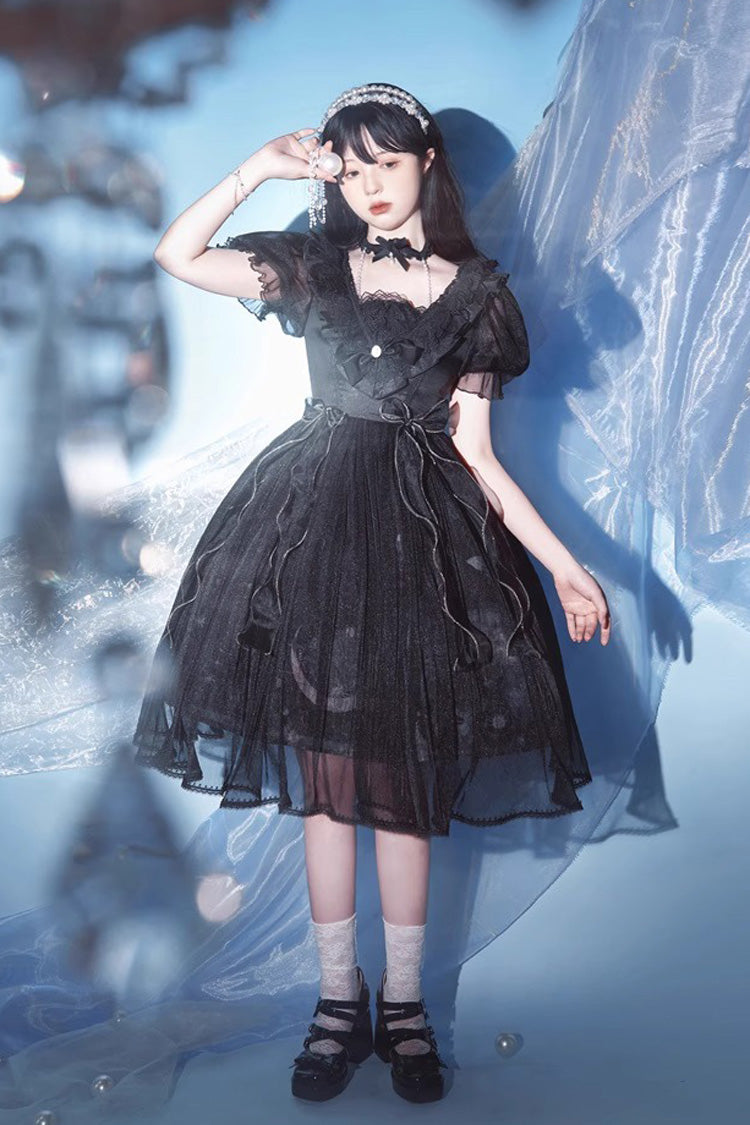 Schwarzes Gothic Lolita Kleid mit Rüschenspitze und Planet-Schmetterlings-Print und hoher Taille