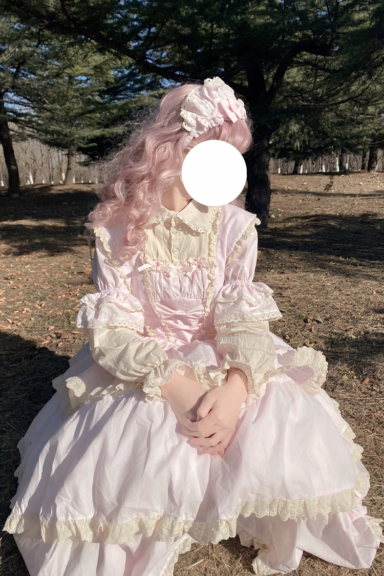 Pink Lapel Collar Long Sleeves High Waisted Multi-layer Bowknot Sweet Lolita Dress