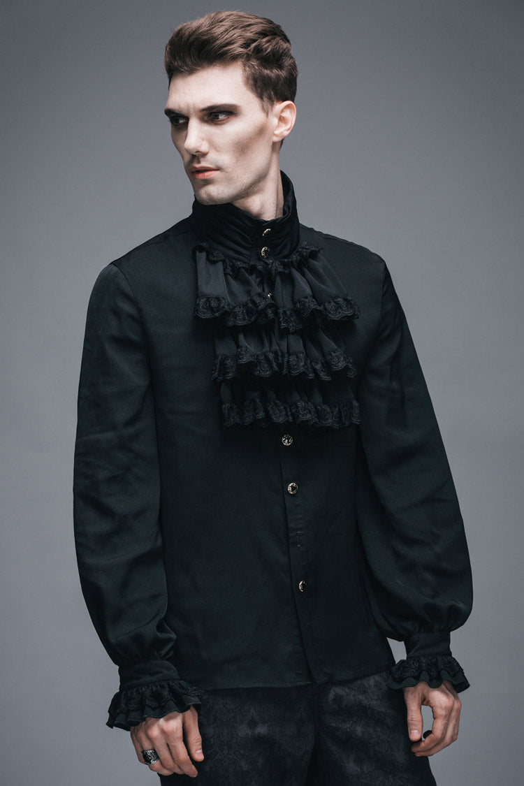 Black Ruffled Lace Button-Up Micro-bullet Chiffon Long Sleeve Men's Gothic Shirt