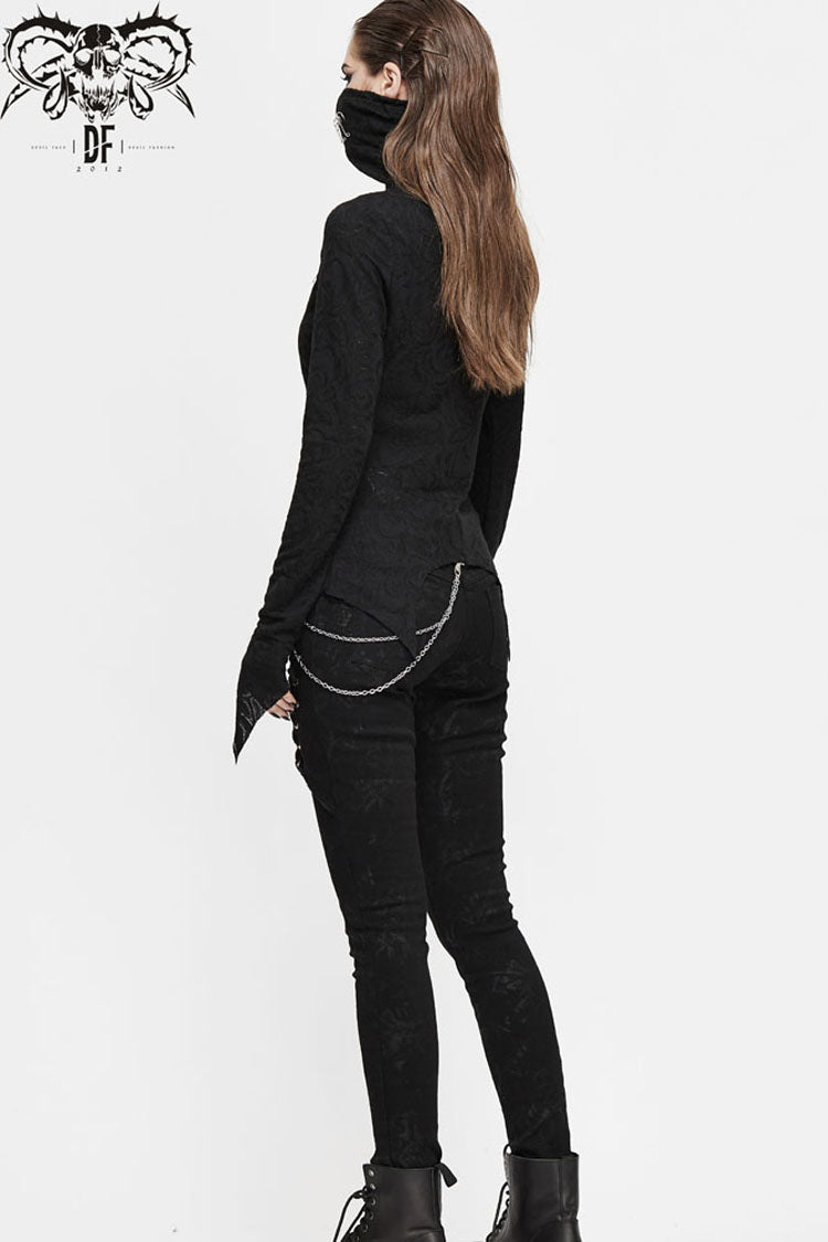 Schwarzes Rollkragen-Brustspleiß-feines Mesh-Pin-Dekoration mit spitzem Saum und Punk-Shirt für Damen