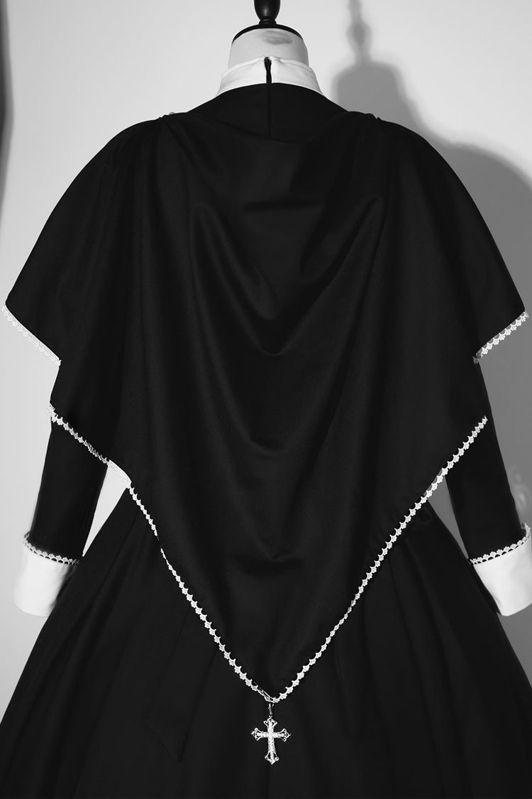 Schwarzes, langärmliges, zweiteiliges Gothic-Lolita-Kleid mit Kreuzdruck im Monastery-Stil