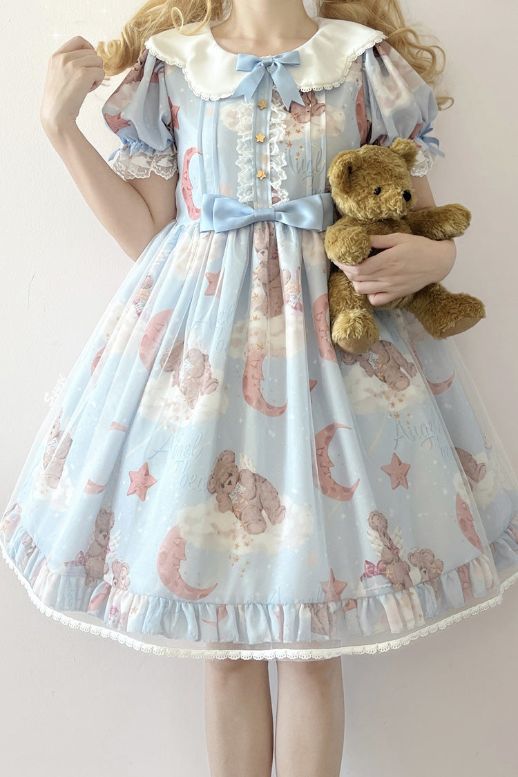 Süßes Lolita-Kleid mit Stern-Wunschbär-Aufdruck, kurzen Ärmeln und Schleife, 2 Farben