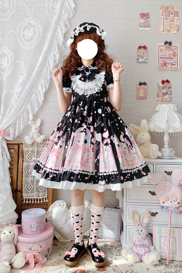 Schwarz/Rosa süßes Lolita JSK Prinzessinnenkleid mit Katzen-Print und hoher Taille, Rüschen und Schleife