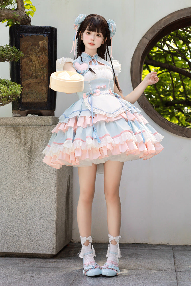 Blue/Pink Multi-Layered Ruffle Sweet Chinese Style Maid Cheongsam Lolita Dress