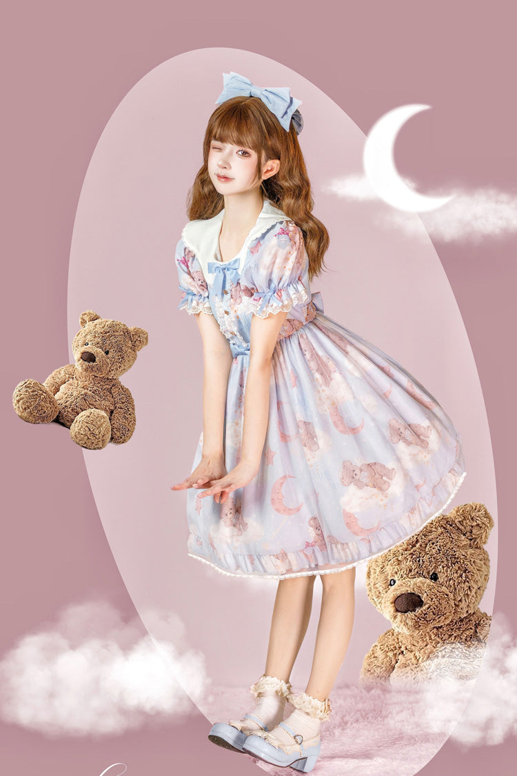 Star Wishing Bear Print Short Sleeves Bowknot Sweet Lolita Dress 2 Colors