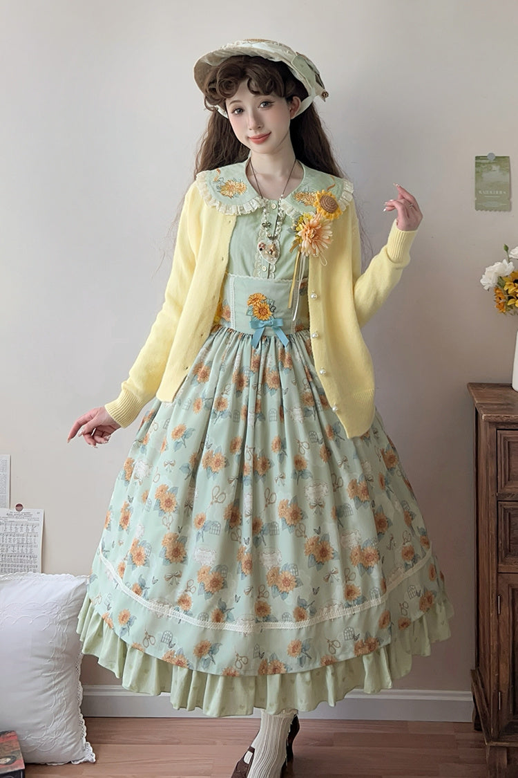 Green [Gardening Sunflower] Sleeveless Print Ruffle Bowknot Sweet Elegant Uplift Lolita Jsk Dress