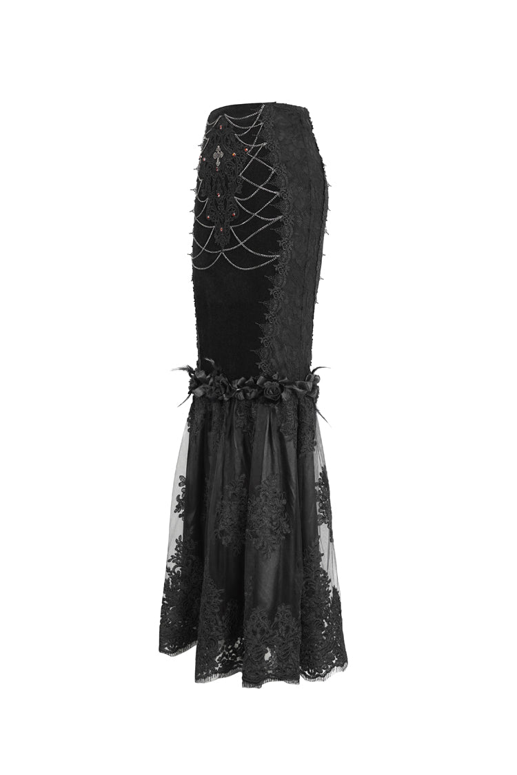 Schwarzer Gothic-Rock mit hoher Taille und Stickereien aus Spitze für Damen