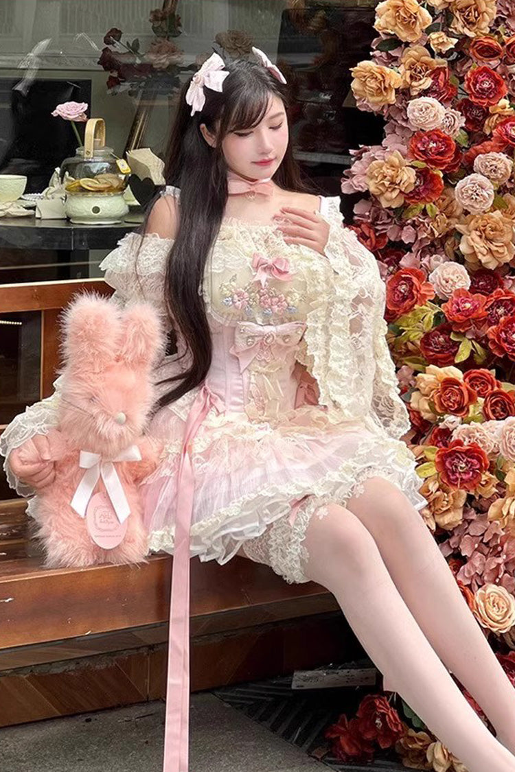 Pink Delicate Lace Flowers Love Song Bowknot Lace Sweet Lolita Dress