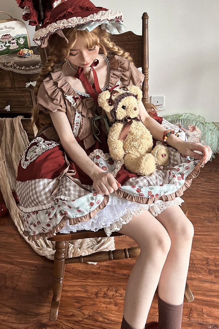 Süßes Lolita-Kleid mit mehrfarbigem Kirschdruck, kurzen Ärmeln, mehrlagiger Rüschenstickerei