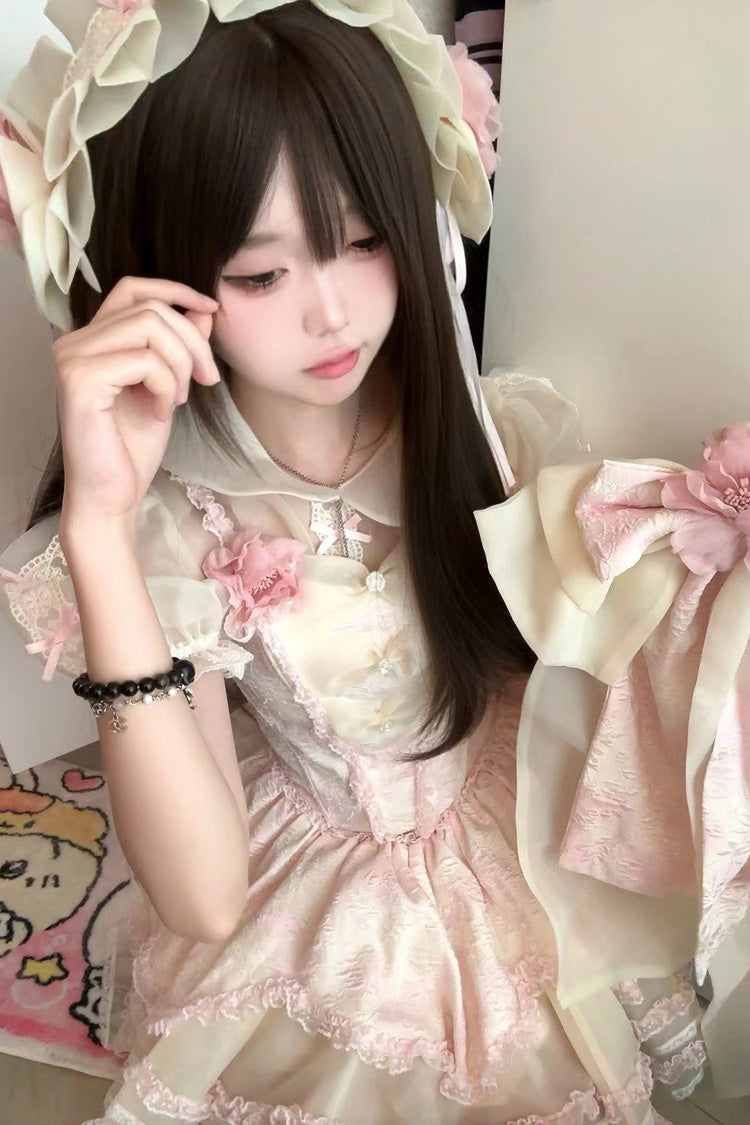 Rosa [Jasminregen] Rüschen Hanayome Bowknot Spitze Süßes Elegantes Prinzessin Lolita Kleid