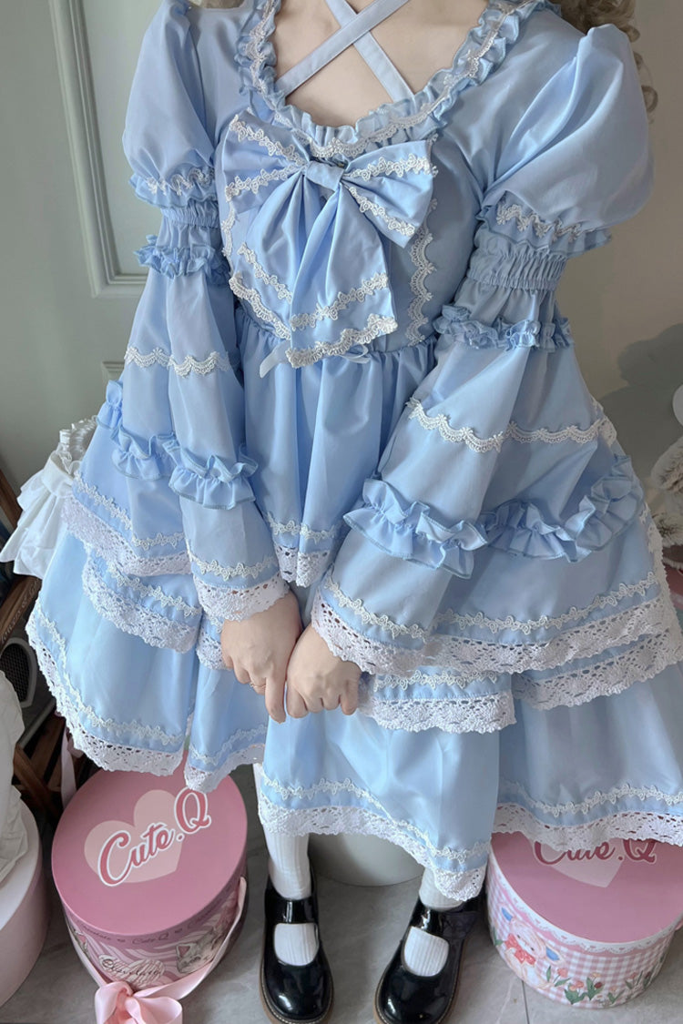 Blaues süßes Lolita-Kleid mit dreilagigen abnehmbaren Ärmeln, Schleife und Schnürung