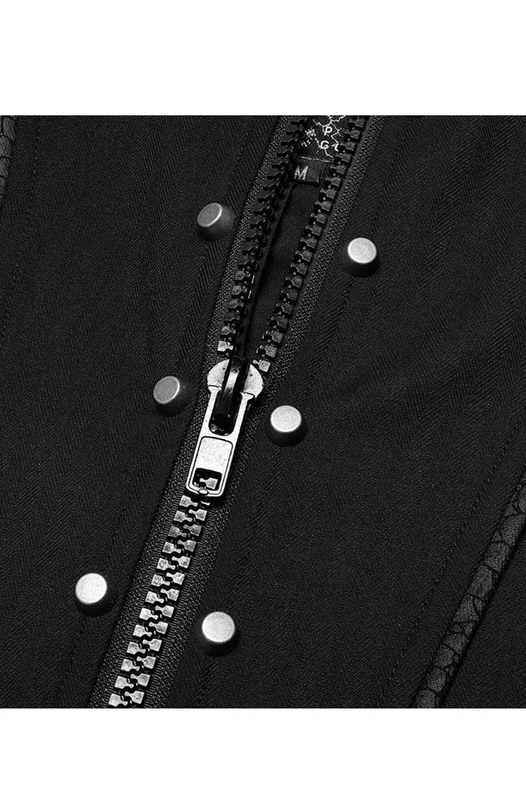 Black Punk Stand Collar Skeleton Embroidery Frenulum Metal Rivet Zippe Slim Fit Mid Length Men's Coat